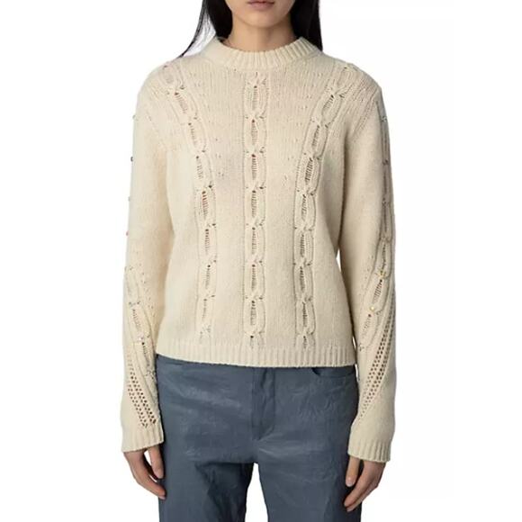 Zadig & Voltaire Morley Cable-Knit Merino Wool Sweater Vanilla Women's Large - Picture 1 of 16
